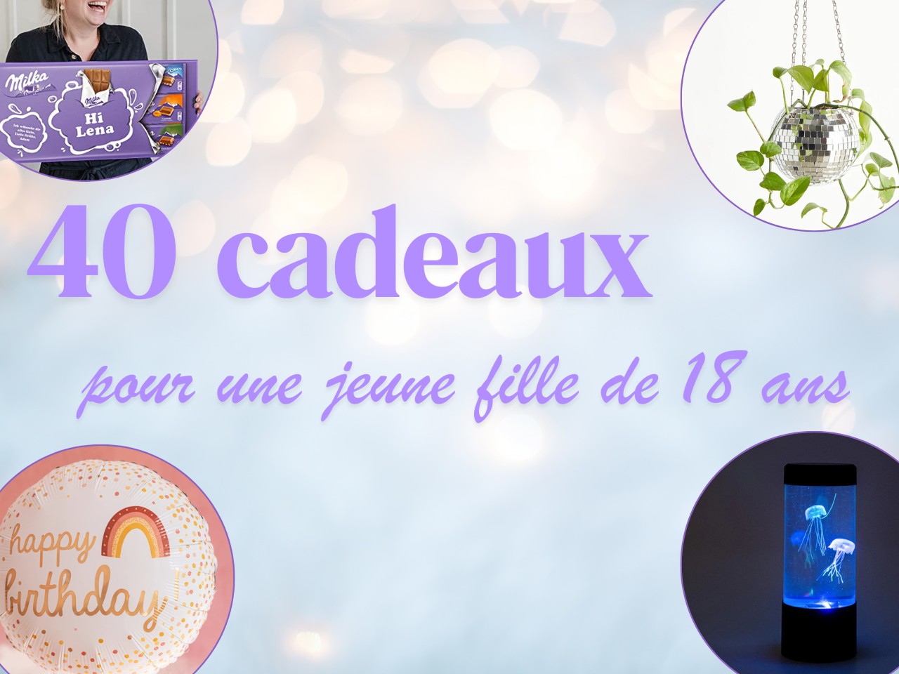 Image illustrant une sélection de cadeaux originaux pour une jeune fille de 18 ans : idées cocooning, déco, détente, lecture, high tech et loisirs créatifs.